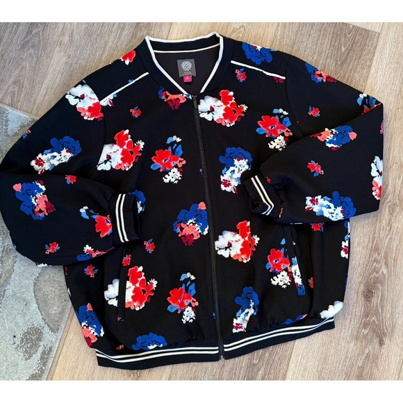 Vince Camuto Jacket Womens 2X Black Floral Bomber Full Zip Lined Pockets - Picture 5 of 13